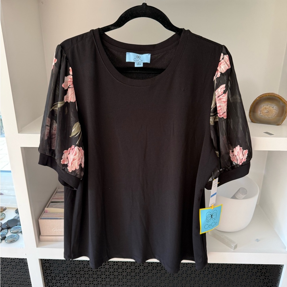 CeCe Black Blouse with Pink Floral Sleeves